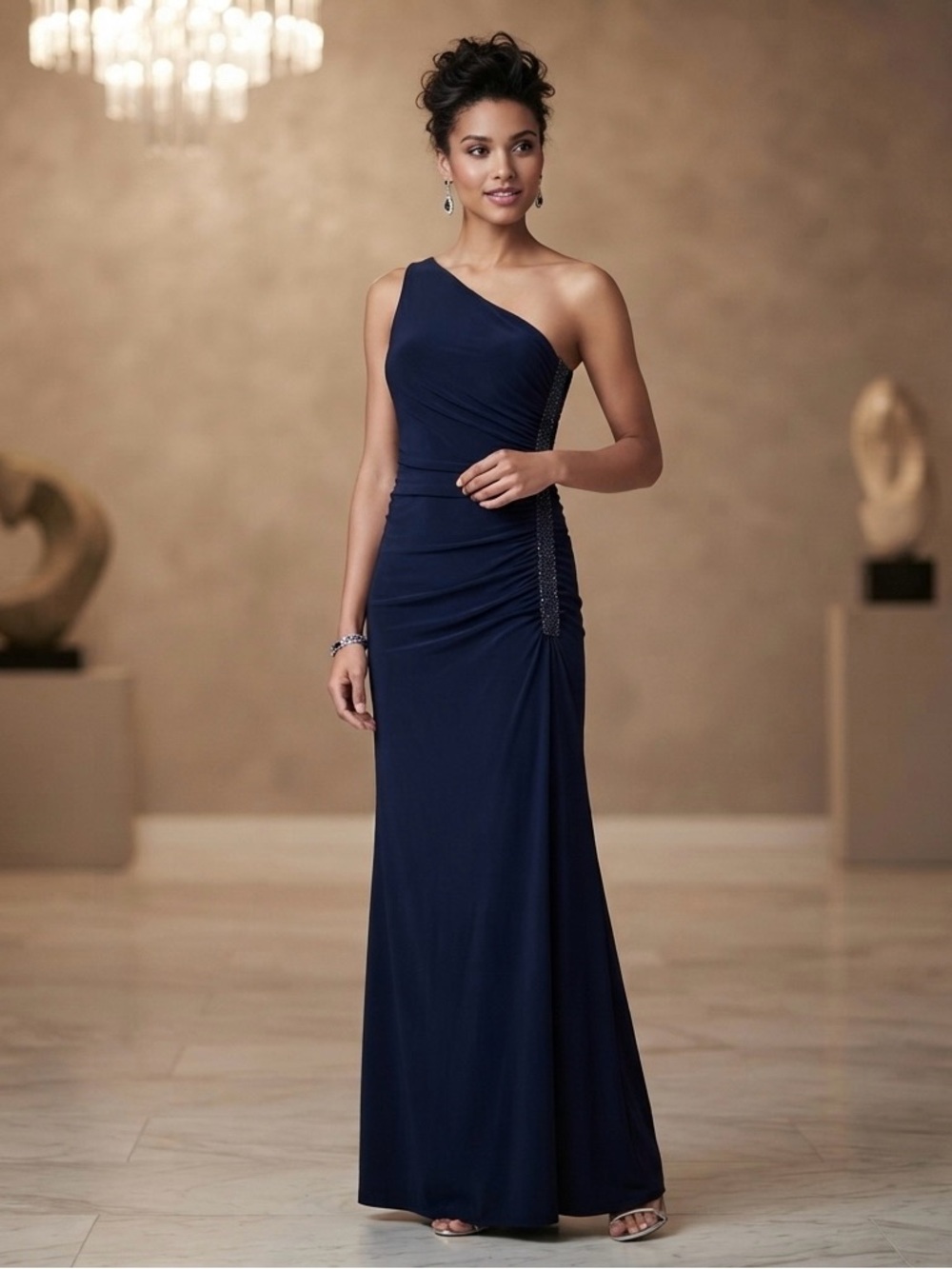 Shelli Segal Laundry Women's 6 Navy Ruched Beaded Long Gown One Shoulder Dress